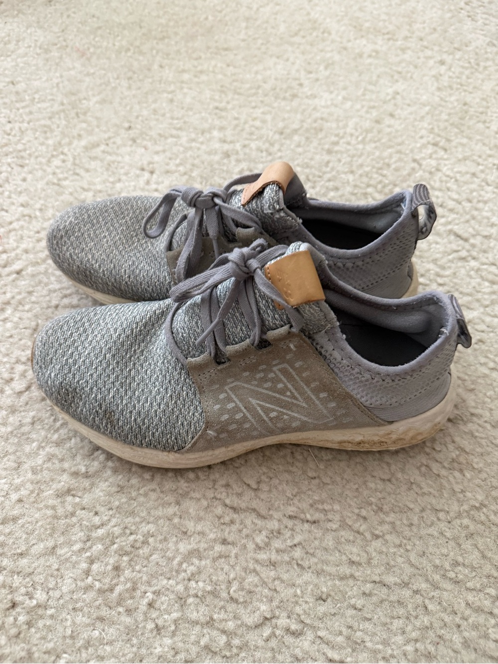 New Balance Gray Knit Sneakers with Tan Pull-Tab